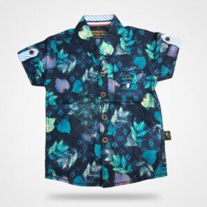Boys Navy Blue Leaf Print Half Sleeve Shirt | Stylish Casual & Eid Wear
